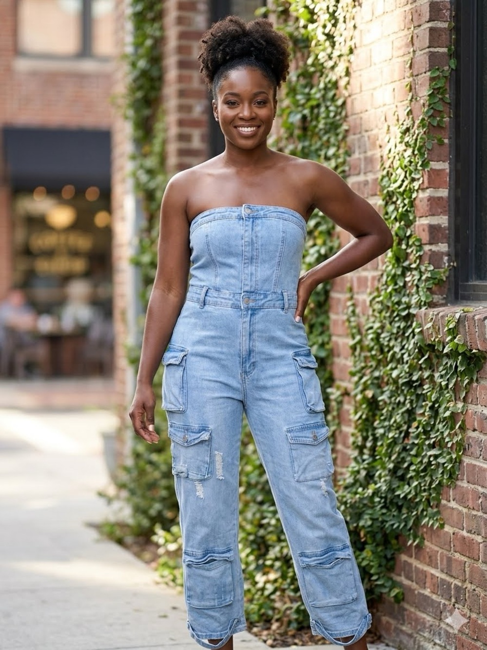 Light Blue Strapless Cargo Jumpsuit for Women